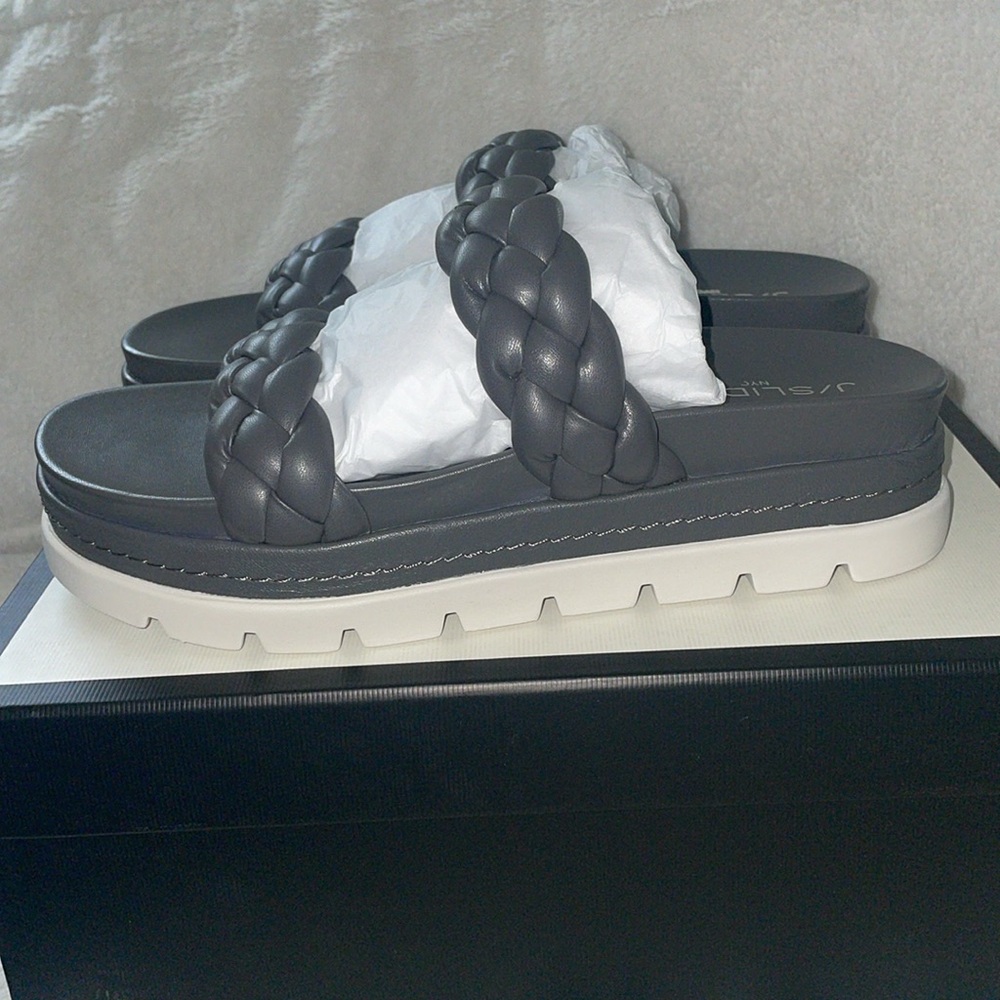 NWT J/SLIDES REESE Dark Grey Leather Woven Strap Sandal - Picture 13 of 16